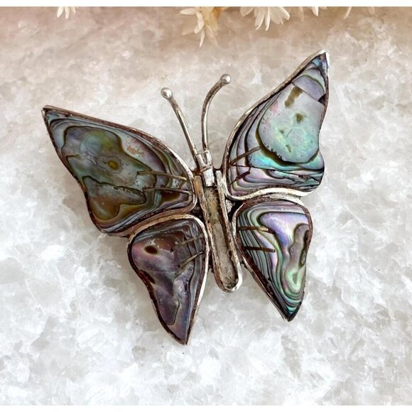Butterfly Beto of Taxco Mexican Abalone Shell Vintage Sterling Silver Brooch - Picture 1 of 10